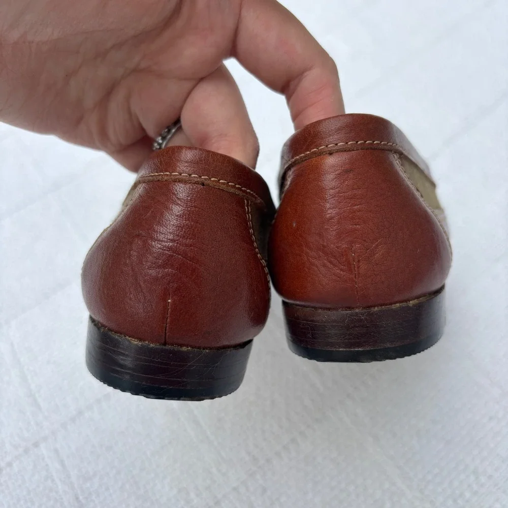 Women's 5.5 BASS Weejuns Vintage 1991 Olive Cognac Canvas Leather Penny Loafers